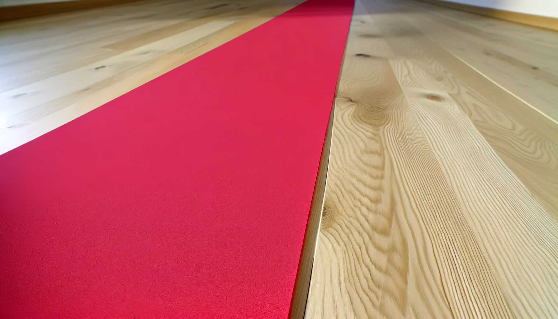 Red neoprene floor runner protecting light hardwood floors.